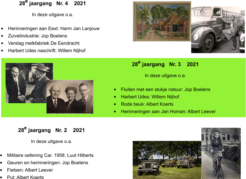 28e jaargang   Nr. 4    2021 In deze uitgave o.a.    •	Herinneringen aan Eext: Harm Jan Lanjouw •	Zuivelindustrie: Jop Boelens •	Verslag melkfabriek De Eendracht •	Harbert Udes naschrift: Willem Nijhof 28e jaargang   Nr. 3    2021 In deze uitgave o.a.    •	Fluiten met een stukje natuur: Jop Boelens •	Harbert Udes: Willem Nijhof •	Rode beuk: Albert Koerts •	Herinneringen aan Jan Homan: Albert Leever 28e jaargang   Nr. 2    2021 In deze uitgave o.a.    •	Militaire oefening Car. 1958: Luut Hilberts •	Geuren en herinneringen: Jop Boelens •	Fietsen: Albert Leever •	Put: Albert Koerts